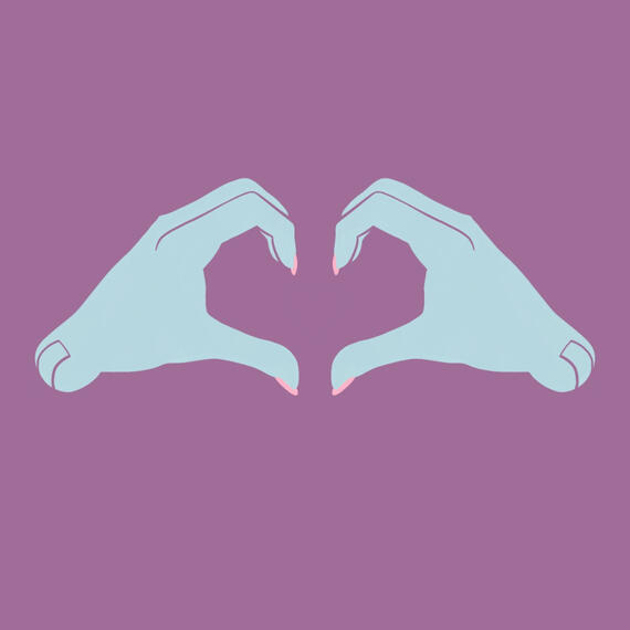 Two light blue hands with pink nails and doll joints at the wrists, forming a heart, against a pink background.